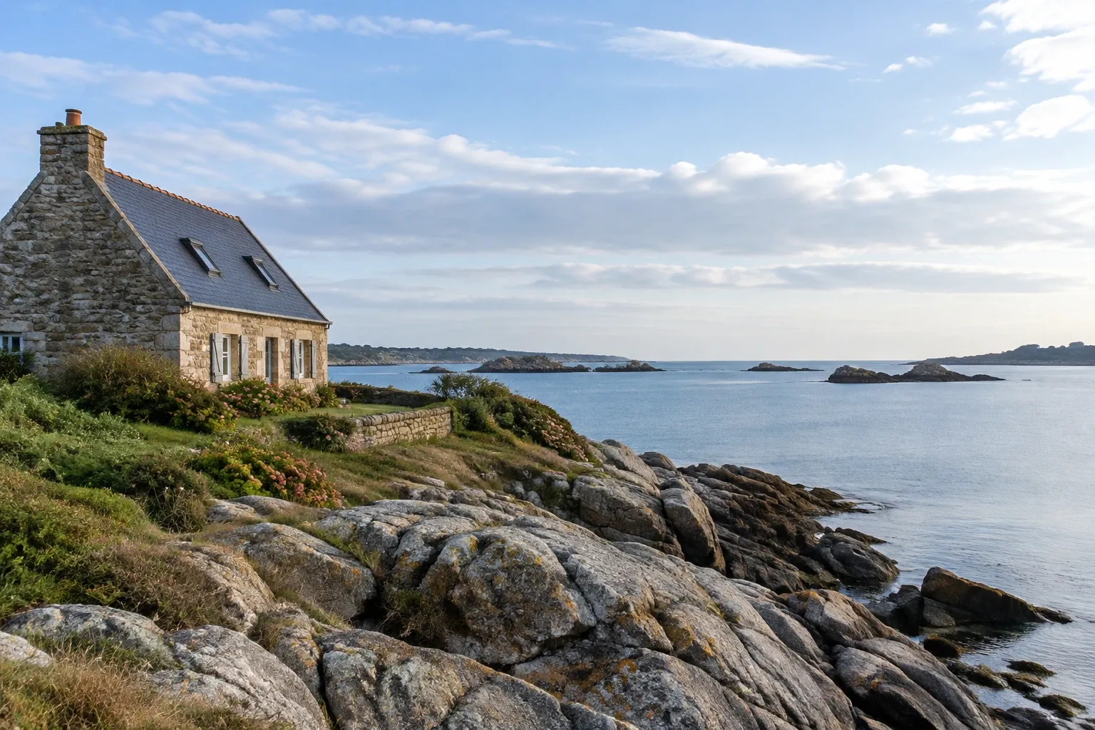 Maison de granit au toit d'ardoises sur la côte bretonne