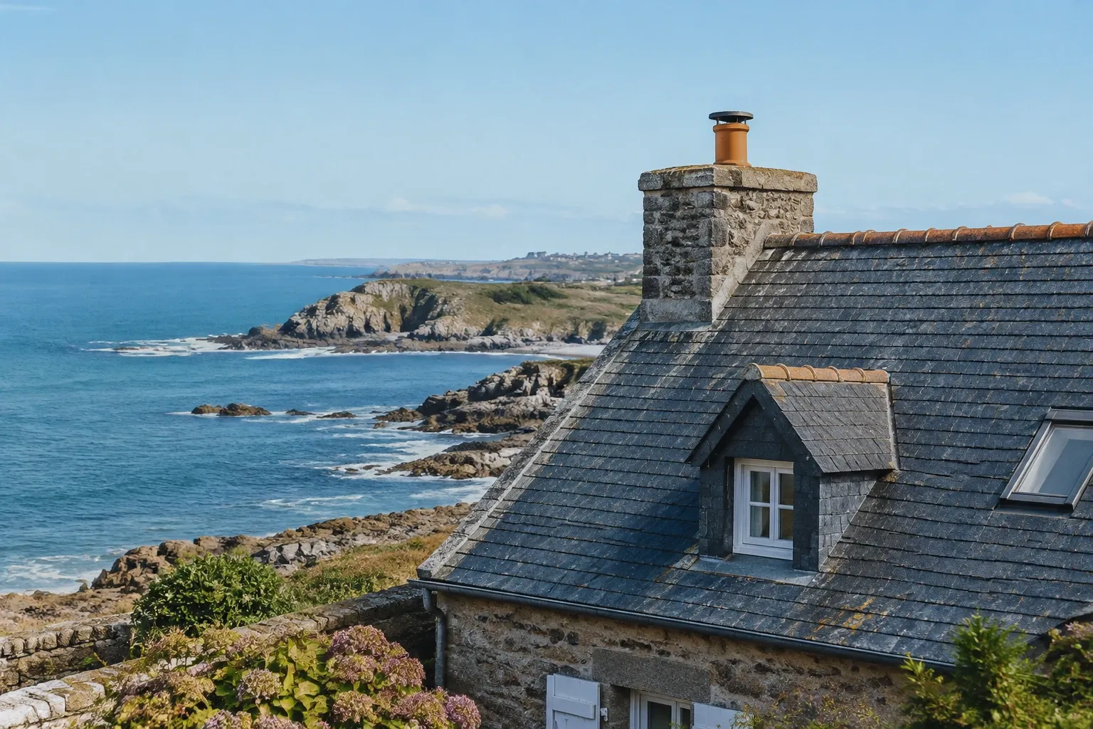 Toit en ardoise d'une maison en pierre avec cheminée, côte rocheuse et mer en arrière-plan