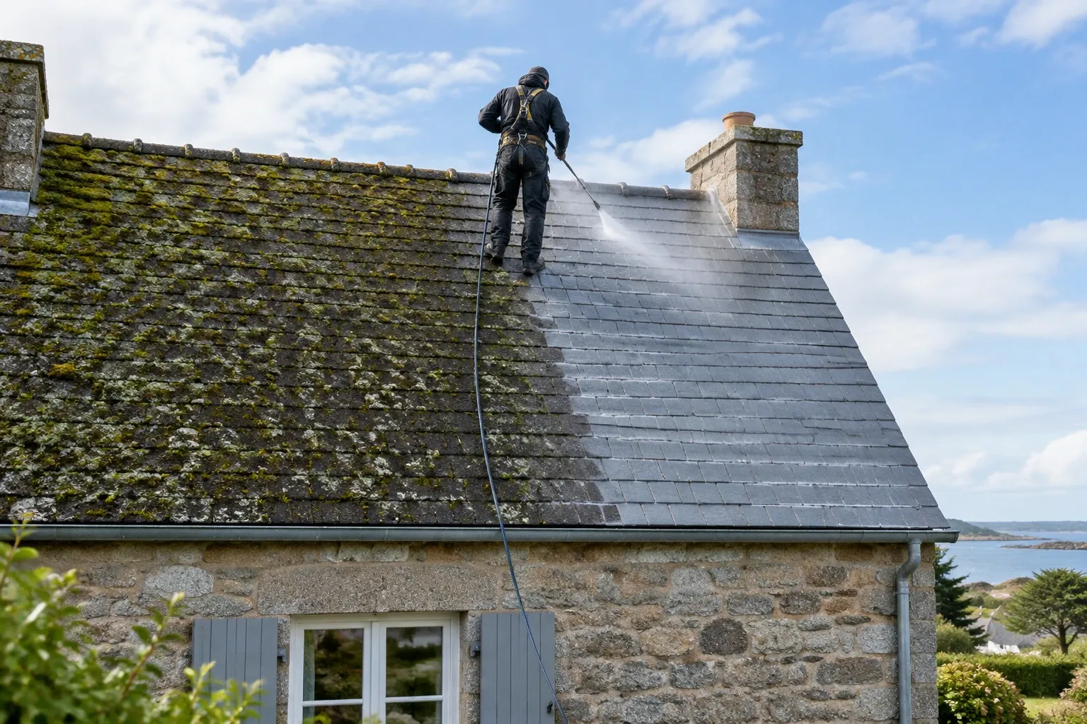 Professionnel en harnais nettoyant une toiture d'ardoises en Bretagne, moitié propre, moitié couverte de mousse