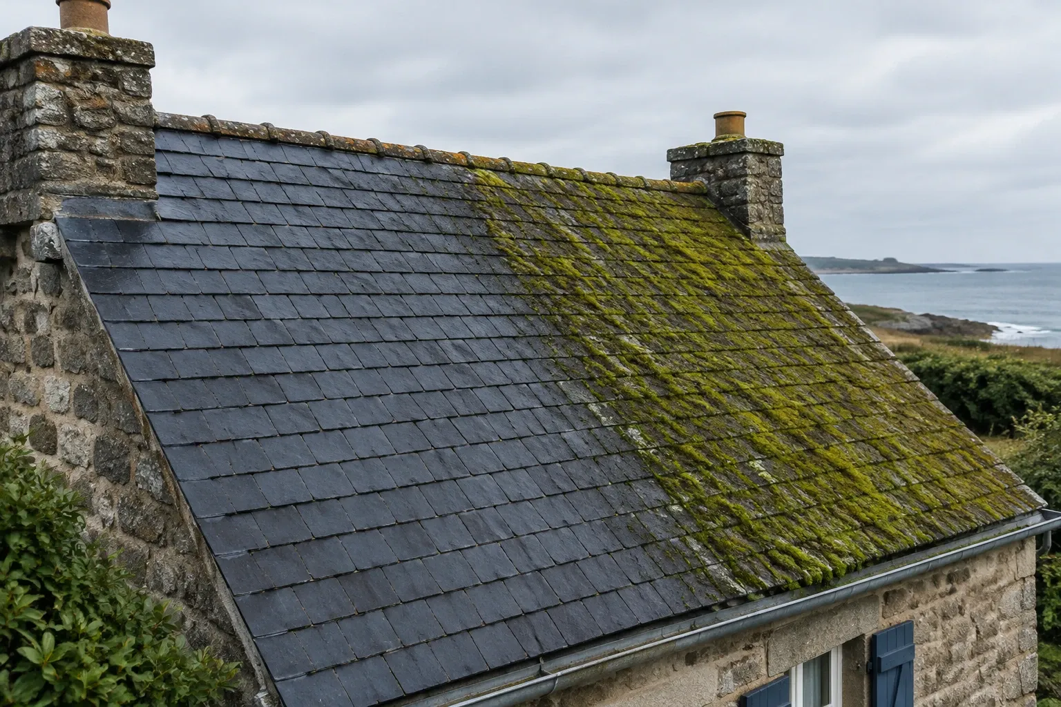 Toit en ardoise partiellement couvert de mousse verte près de la côte bretonne