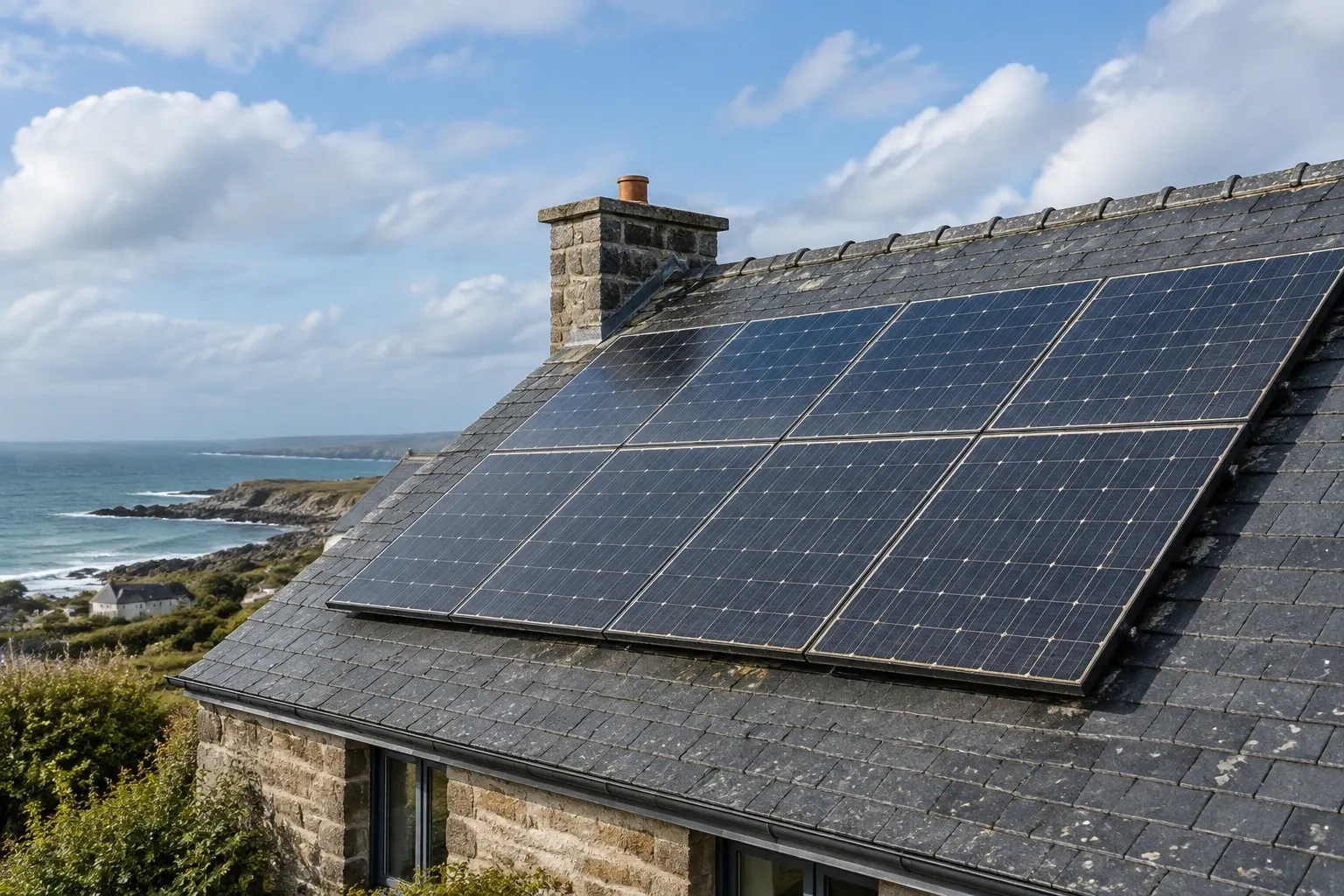 Panneaux solaires inclinés sur toit ardoise d'une maison en bord de mer, ciel dégagé