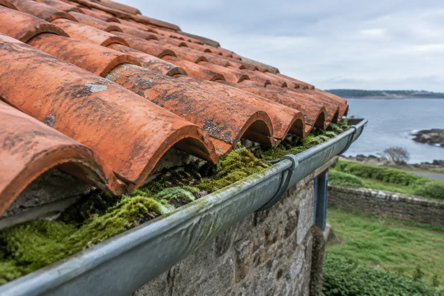 Gouttière métallique pleine de mousse sous tuiles canal en terre cuite mouillées