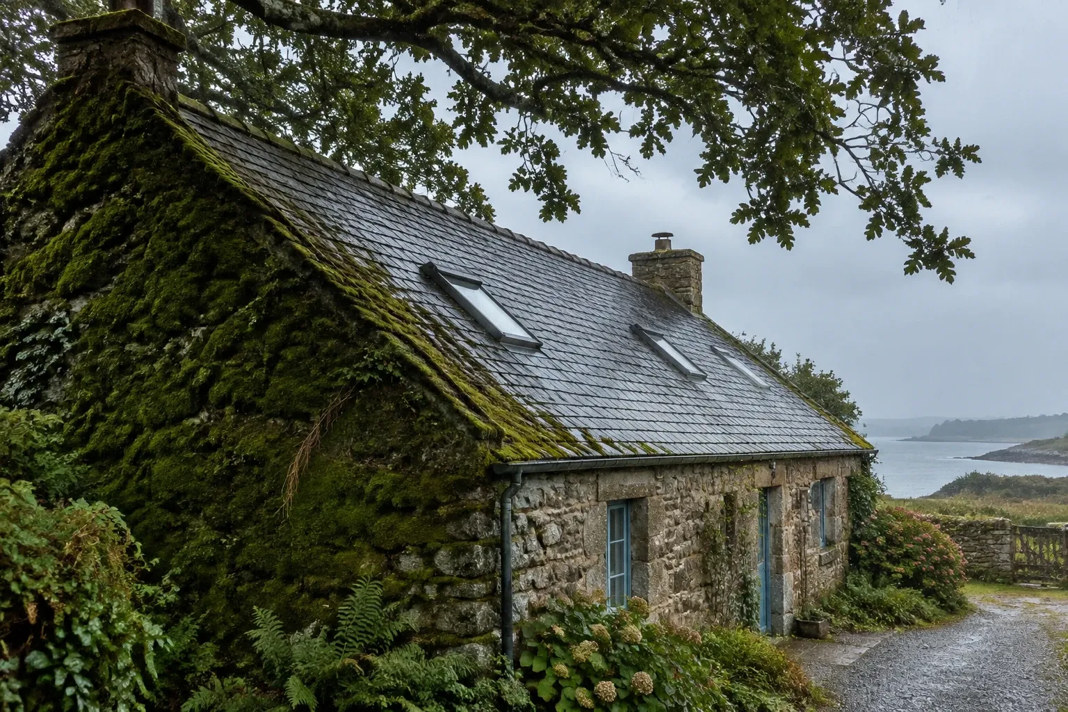 Maison en pierre bretonne au toit envahi de mousse, ciel gris et bord de mer