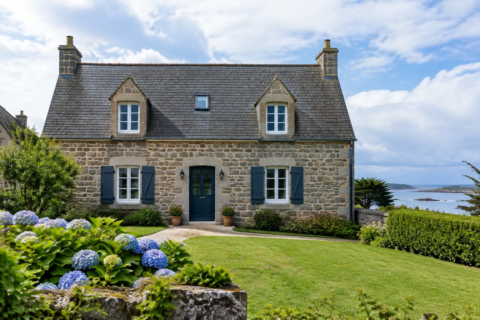 Maison en pierre avec toiture ardoise, jardin gazonné et hortensias au bord de la mer