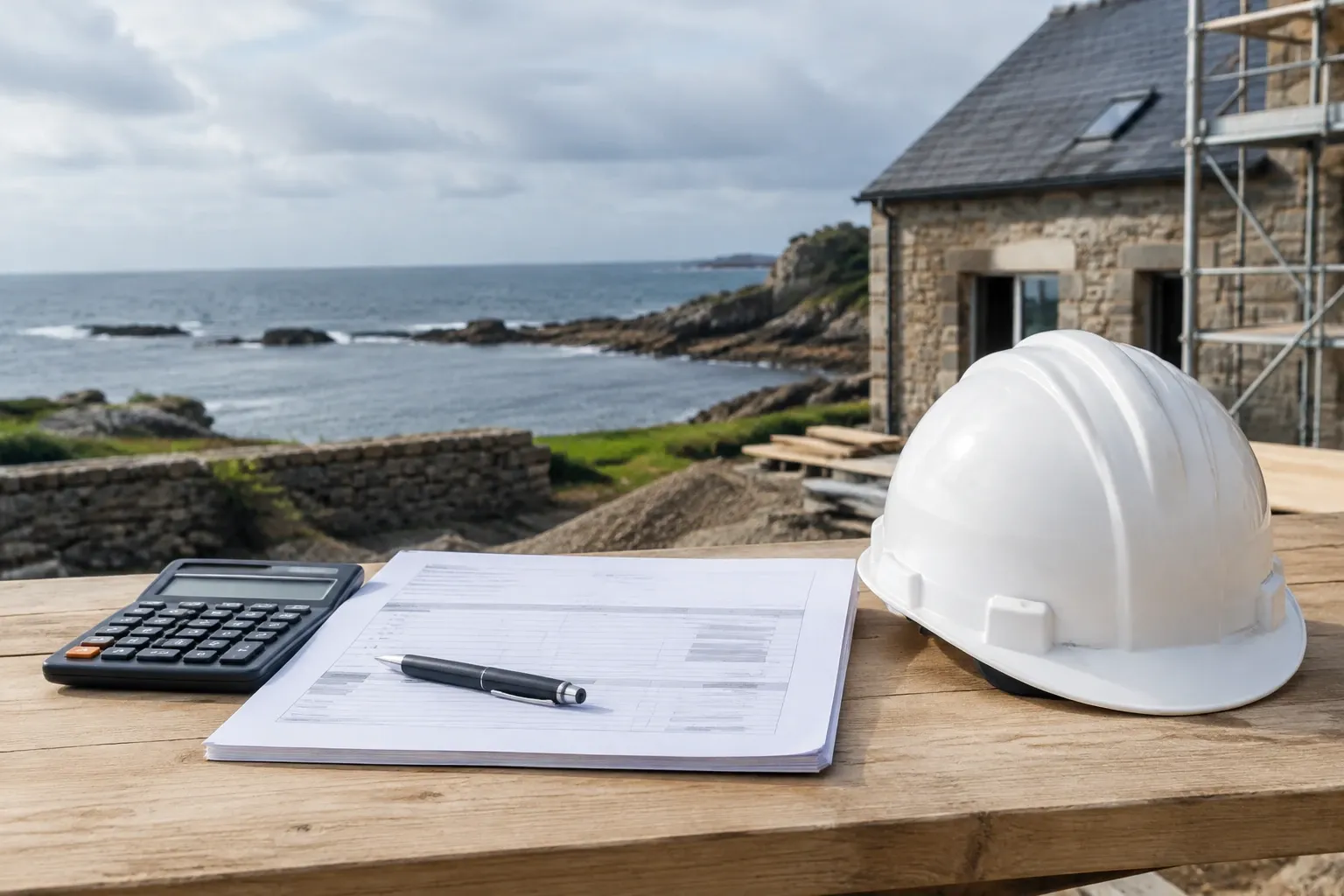 Casque de chantier, dossier, calculatrice et stylo posés sur planche face à la mer