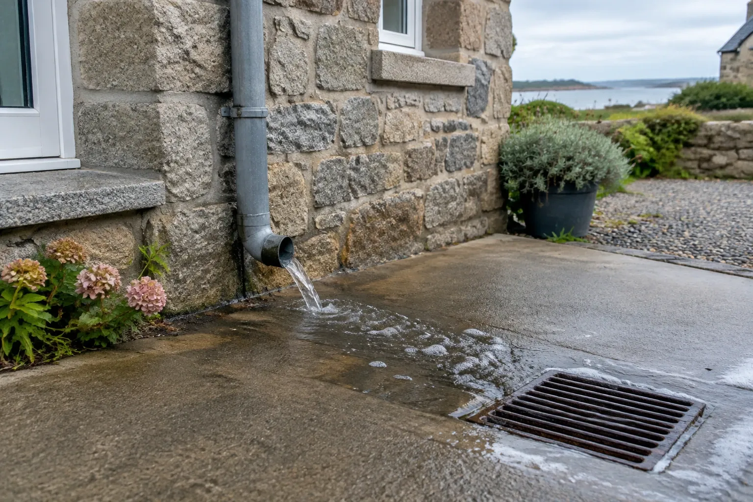 Eau s'écoulant d'une gouttière sur dalle vers une grille d'évacuation, maison en pierre visible