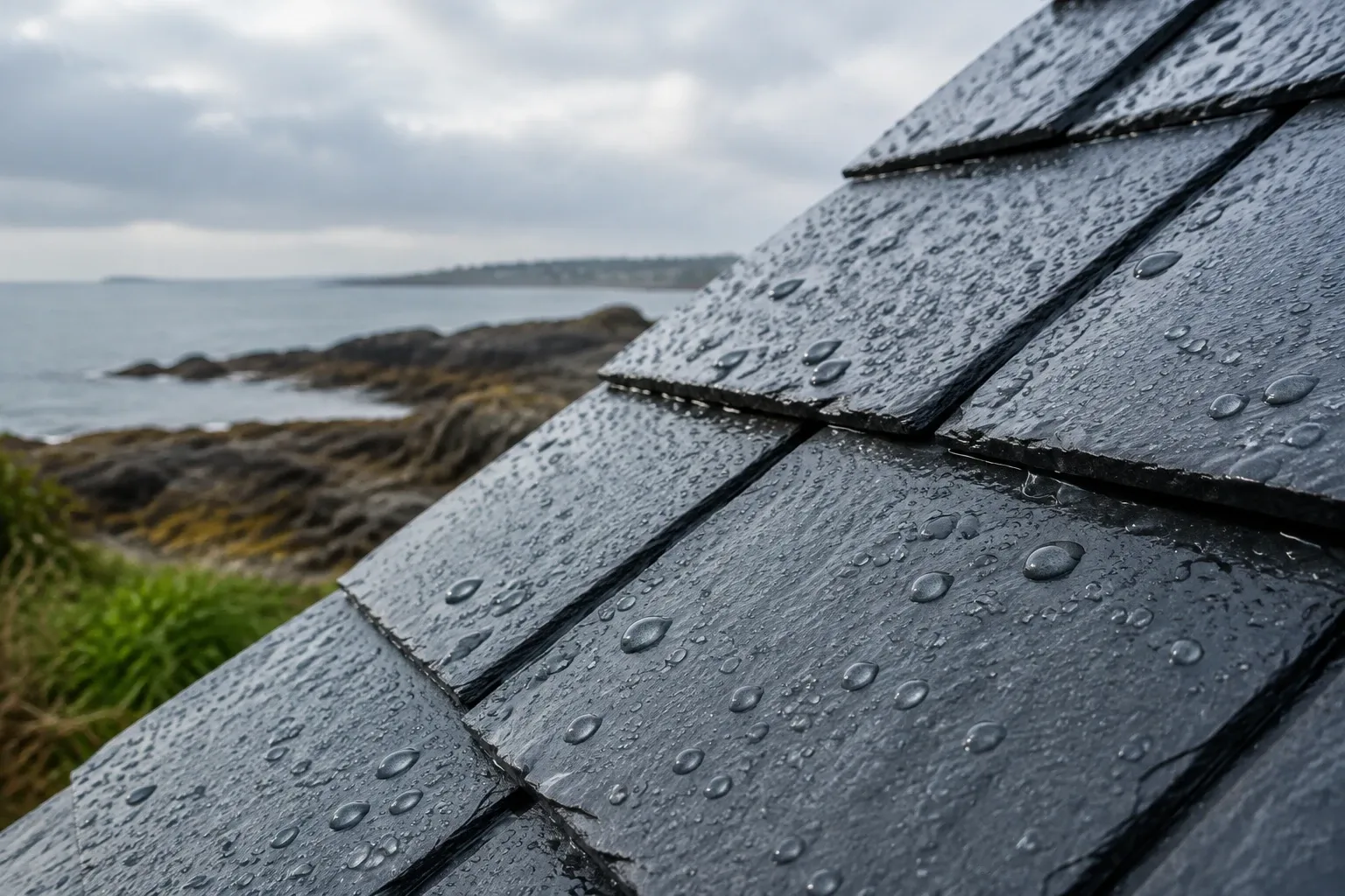 Ardoises humides couvertes de gouttes d'eau, littoral rocheux flou en arrière‑plan